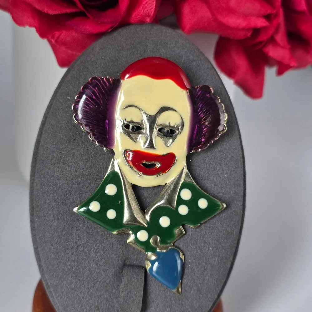 Vintage Style Enamel Clown Brooch Multi-Color Polka Dot Circus Performer Pin